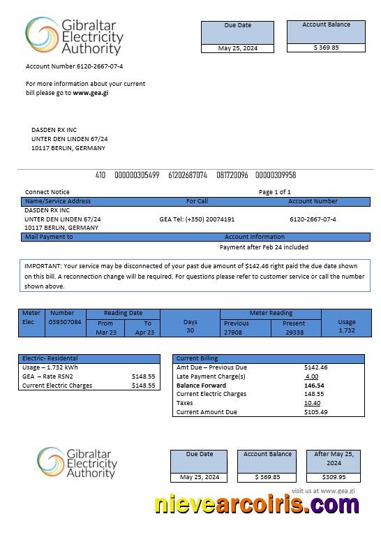 Gibraltar Electricity Authority business utility bill